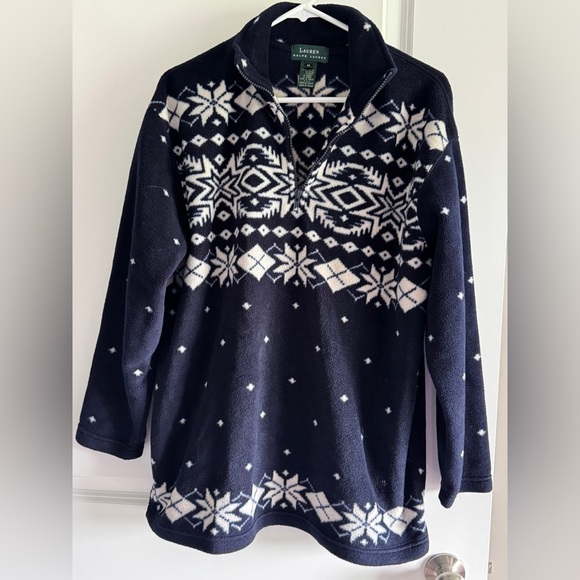 Ralph Lauren Fleece Blue and White Cowl Neck Sweater with Nordic Patterns - Picture 3 of 12